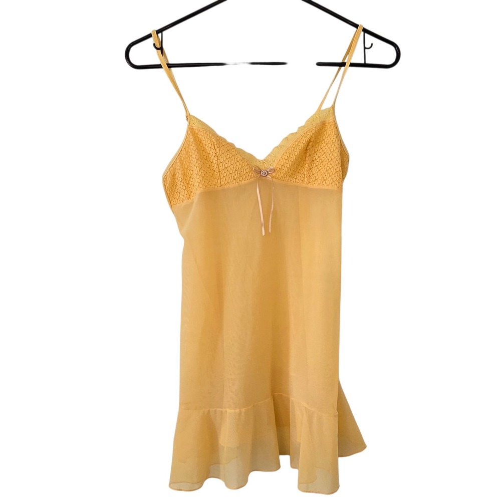 Victoria's Secret Y2K Yellow Lace Mesh Babydoll Slip Lingerie Dress Size S